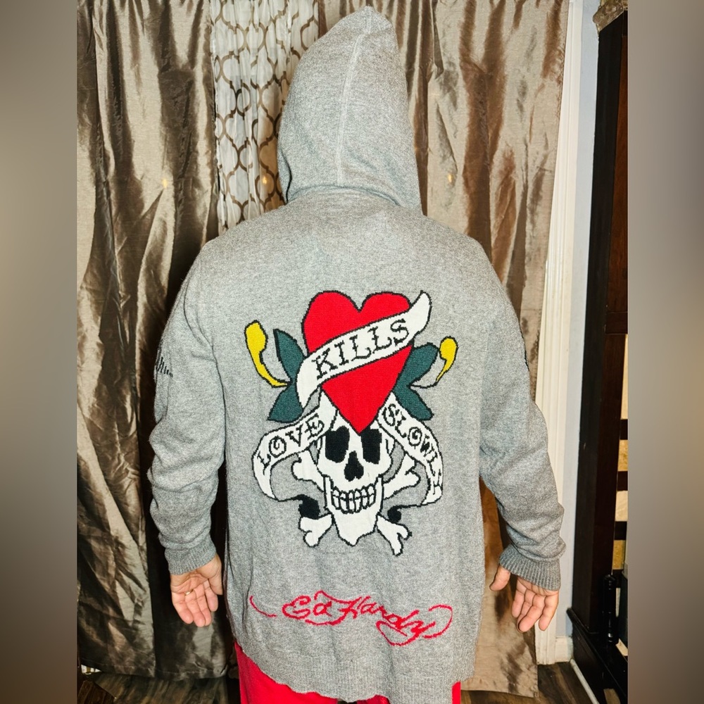 Christian Audigier Men Skull Hand Grey Knit sweater Hoodie Sz. 2XL